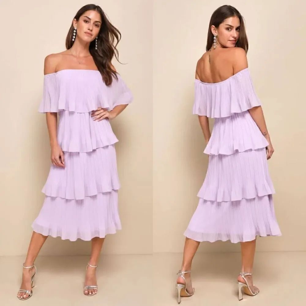 Lulus Gala Ready Lavender Off-the-Shoulder Ruffle Midi Dress M NWT